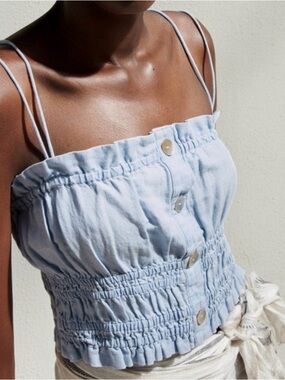 Love Tree linen blend light Blue Smocked Button-Front Spaghetti Strap Crop Top